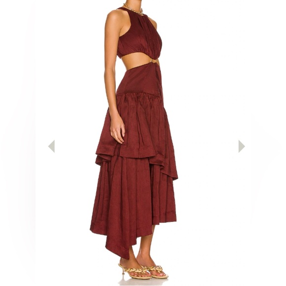 AJE CALIENTE CUT OUT MIDI DRESS MAROON RED,Cutout Layered Dress, Linen Blend - Picture 2 of 15
